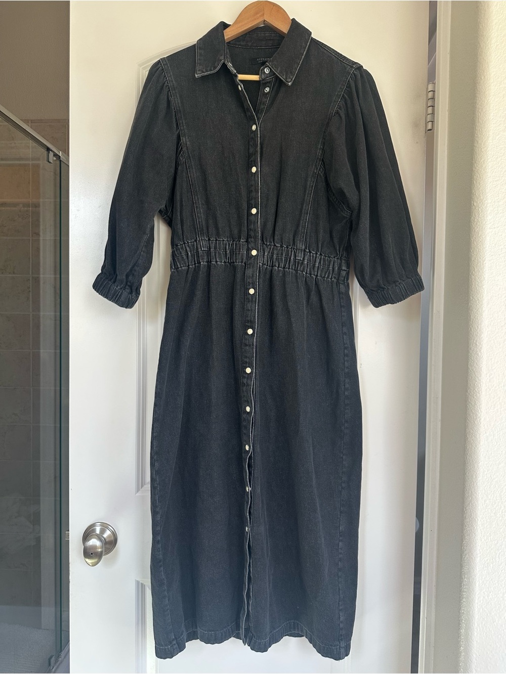 All Saints Black Button-Front Midi Denim Dress